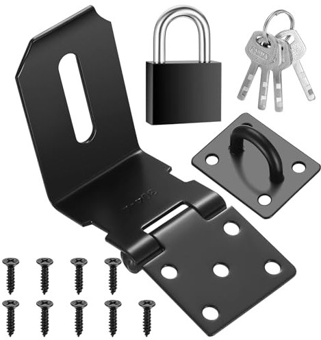 4 Inch 90 Degree Heavy Padlock Hasp, Right Angle Door Clasp Door Lock, Stainless Steel Gate Latch Padlock Staple for Windows, Cabinets, Closets, Sheds, Doors, with a Lock - (Black)