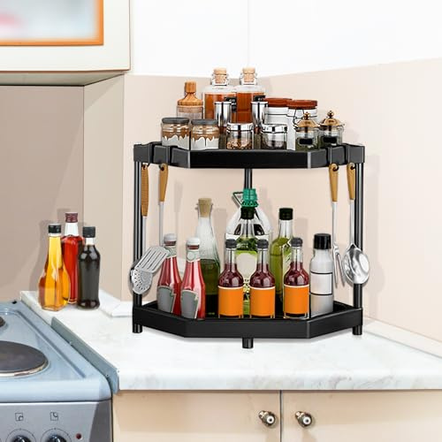 QWORK® Gewürzregal Organizer, 2 Etagen Küchenregal Ecke, Eckregal Küche Gewürzregal Aufbewahrung für Gewürzflaschen, Toilettenartikel, Tassen