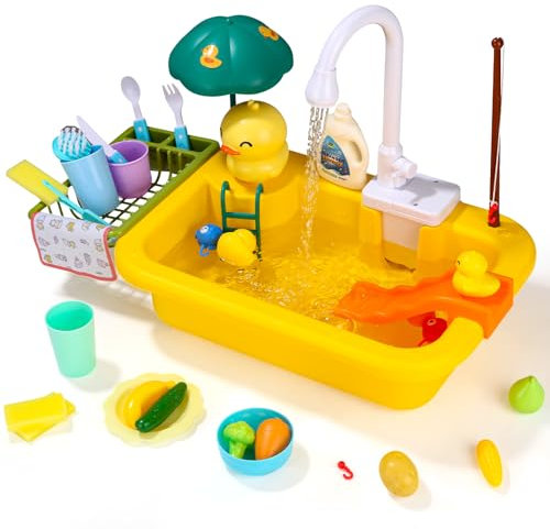 Spielspüle Spielzeug mit elektrischen Wasserhahn,kinderküche zubehör,Spielzeugzubehör für die Spielküche,schwimmendes Angelspielzeug für das Wasserspiel,Rollenspiel für Kinder