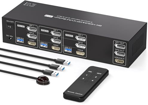 PVBCTCSID 8K60Hz HDMI Displayport KVM Switch 3 PC 3 Monitors 4K144Hz Commutateurs KVM USB Pour 3 PC Partager 3 Écran Et 1 Jeu De Clavier Et De Souris Support Du Mode Étendu Télécommande IR Incluse