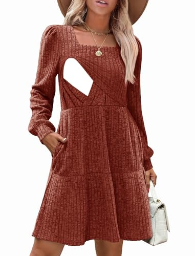 CzzzyL Damen-Stillkleid, Herbstkleid, quadratischer Ausschnitt, langärmelig, Winter-Babydoll-Kleid mit Taschen, Braun, Klein