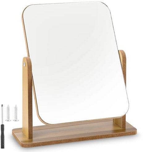 Zhufas Specchio da tavolo piccolo in piedi, in legno, per trucco, 360 gradi, rotazione in legno, 25 x 22 cm, per tavolo da toeletta, scrivania, camera da letto, bagno