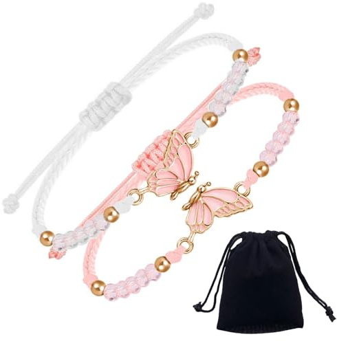 AWAVM 2 pulseras BFF para combinar con pulseras blancas y rosas, mejores amigos, pulsera hecha a mano, pulseras de mariposa de cadena ajustable, pulseras de la amistad