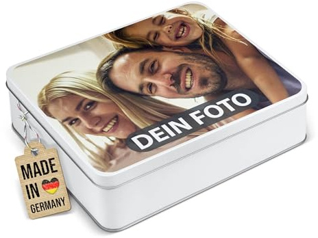 Print Royal PR Geschenkdose mit Foto & Name selbst gestalten - Blechdose bedrucken, Personalisierte Keksdose - Geschenk zur Hochzeit, Geburtstag, Weihnachten | Rechteckig weiß, 1500 ml