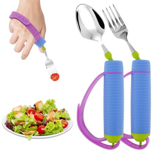 VAVPUP Utensilios adaptables con mango no deslizante y correa de silicona ajustable 360 ° rotativo Adaptive Utensilios Easy Grip Cuchara y tenedor adaptativos para discapacidades