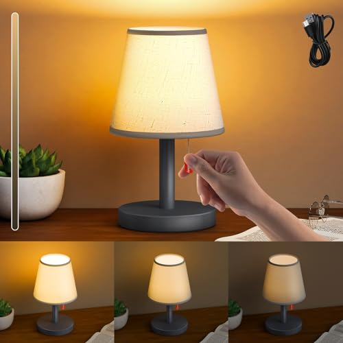 FUYO Nachttischlampe Dimmbar, 3 Helligkeitsstufen Einstellbar Schreibtischlampe, Lampenschirm aus Leinenstoff, Modern Nachttische Tischlampe für Wohnzimmer Schlafzimmer Tisch