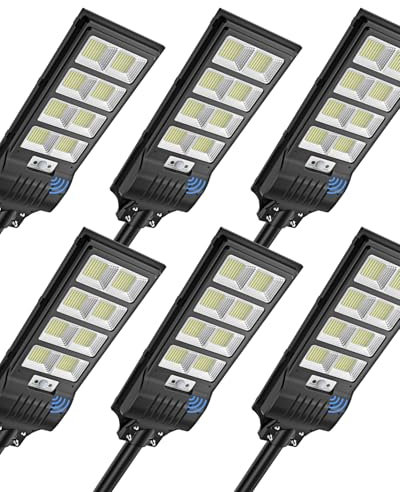 Bellanny Farolas Solar Exterior 400W, Luz blanca fría 6500K Focos Proyector LED con sensor de movimiento, Impermeable IP65 Farola Potente, Luz de Seguridad para Patio Aparcamientos Calle Jardin,6Pcs