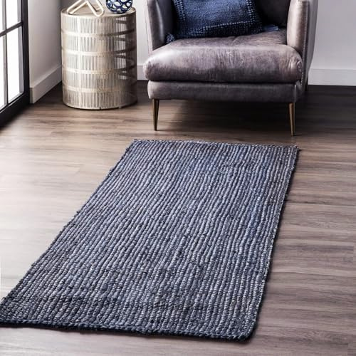 Trademoon Tappeto indiano intrecciato a mano in iuta naturale, colore blu navy, per camera da letto, soggiorno, dimensioni: 60 cm x 150 cm