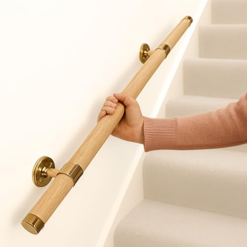 European Wooden Oak Stair Handrail 32mm Solid Wood Wall-Mounted Rail for Indoor Stairs Smooth Chrome Gold Brackets Anti-Corrosion Safety Support Hand Rail (Gold Bracket, 210cm Length)
