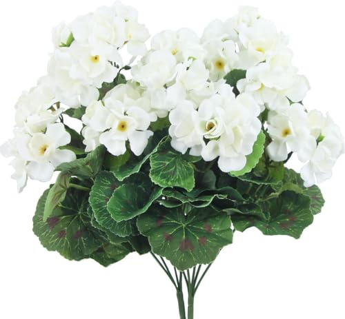 YTZWkit Artificial Flowers Outdoor, 3 Bundles Silk Fake Geranium Flower, Look Real UV Resistant Faux Plants for Front Door Garden Porch Planter Patio Balcony Yard Indoor Home Decoration (White)
