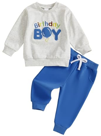 Haomibacu Little Kids Boy Birthday Balloon Embroidery Clothes Set Long Sleeves Sweatshirt Solid Drawstring Pocket Pant Set Fall 2 Pieces Outfits (Blue, 2-3T)