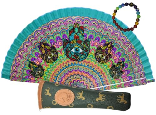 Planta Color Abanico Plegable de Madera con Diseño Hamsa & Mandala + Funda con Cremallera + Pulsera Elástica de Cuentas Chakra (Hipnosis Oriental)