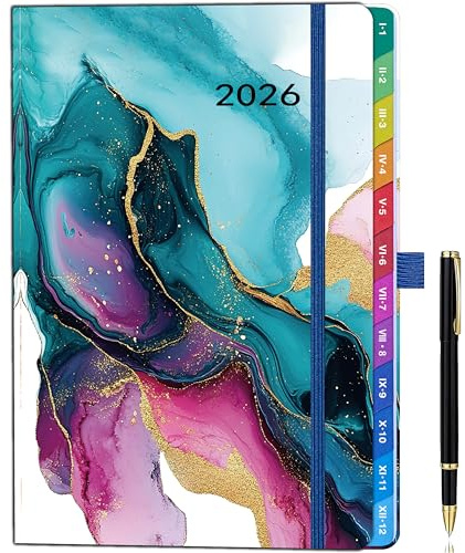 Organizzatore settimanale A5 2026 con vista settimana, divisori colorati, visualizzazione mensile, penna e accessori inclusi. Pianificatore datato da gennaio a dicembre per ufficio, scuola e casa.
