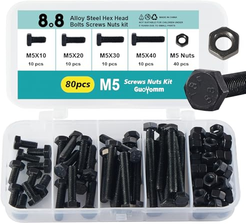GuoYomm M5 80 Stück Schrauben Set, Sechskantschrauben Bolzen und Muttern set, Maschinenschrauben schrauben, 8.8 Grad Kohlenstoffstahl, Längen: 10mm, 20mm, 30mm, 40mm
