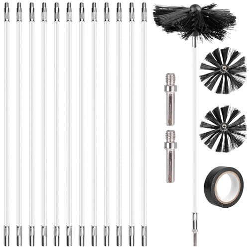 17 Stück Kaminbürste Stange Set,Ø 150mm Ofenrohrbürste*2,Ofenrohrbürste mit 12 Flexible Stangen 410mm, Schornsteinfeger Bürste mit Flammhemmendes PVC-Band 18mm×10m,Kaminbesen für Kamin,Rohre,Trockner