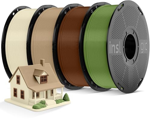 Inslogic PLA Pro 1.75mm Filament Pré-séché Filament imperméable à l'humidité pour imprimante 3D Lot de 4 × 1kg, Compatible avec la plupart des imprimantes FDM, Os Blanc+Bois+Marron+Vert Olive