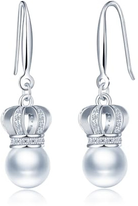 MICSAVI Krone Tropfen Ohrringe 925 Sterling Silber Damen Elegant Ohrringe Hängend mit Perle Hypoallergene Ohrschmuck für Freundin Mama Ehefrau Tochter