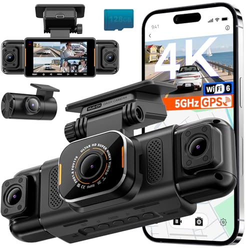 N5 PRO 4K 4 Channel Dash Cam, 360° All-Around View, 1080P Rear and Inside, 5G WiFi 6 - Up to 10MB/s, Built-in GPS, 8 IR Night Vision, G-Sensor, 24H Parking Mode, Free 128GB SD Card Included