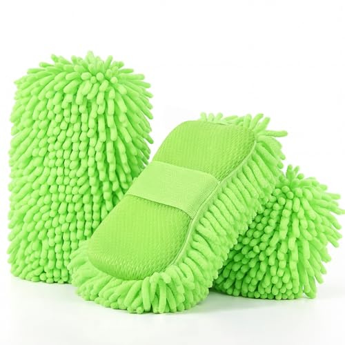 Acellegic 3 Pack Chenille Premium Scratch-Free Microfiber Wash Mitt Car Wash Sponges, Non-Scratch Car Cleaning Sponge Mitts, Ultra-Soft Glove, Swirl-Free Finish, Safe for Trucks, Suvs(Lime Green)