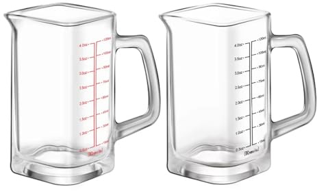 2 Piezas Mini Vaso Medidor, Vasos Medidores de Cristal, 120ml, Vasos Medidores Pequeños, para Cocina, Bar, Cóctel, Tequila, Vodka (Rojo, Negro)