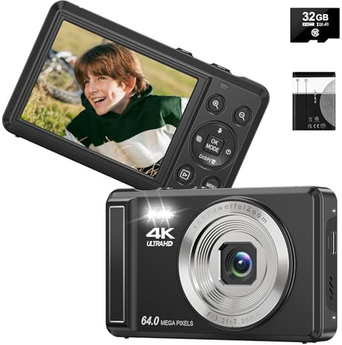 4K 64MP Digitalkamera mit 32GB Karte, 16X Digitalzoom, Kompaktkamera Fotoapparat mit 2 Akkus für Anfänger