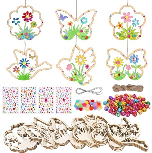 Hahorpa 24 Stück Holz Bastelset Kinder, Holz Schmetterling Vögeln und Blumen Deko Kindergeburtstag Beschäftigung, DIY Basteln Mädchen 4 5 6 7 8 9 10 Jahre, Kreativ Geburtstag Geschenk
