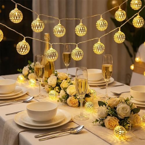 CutitiUU Vintage Moroccan Orb Lights,Fairy String Lights for Bedroom Moroccan Ball 20 Warm LED Lights 3.0m,Rose Gold Metal Goble Dazzling Moroccan Lantern Battery Operated Fairy String Lights