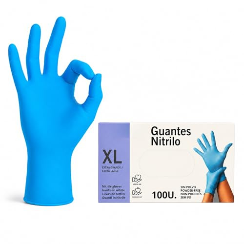 Guantes nitrilo desechables quirurgicos, alimentación, taller, industria y montaje, 100% Libres de Latex, polvo y agentes alergénicos, Diseño Ambidiestro, Un solo uso,Pack 100 unidades, Talla XL, azul