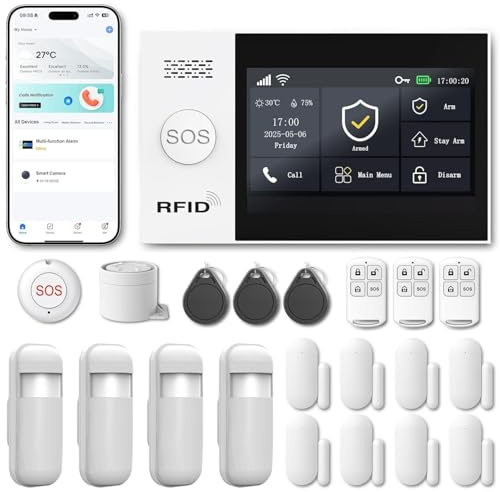 RenseCum Alarme Maison sans Fil WiFi 4G sans Abonnement, Kit Alarme Maison Connectée 21 Pièces avec Écran Tactile 4,3, Sirène 120 DB, Détecteurs Mouvement et Porte/Fenêtre (Lot de 21 Articles)