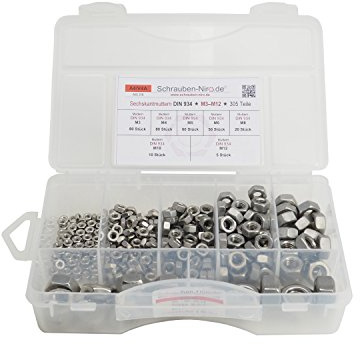 Sortiment Edelstahl A4 Sechskantmuttern DIN 934, M3 bis M12, 305 Teile, Material: V4A VA