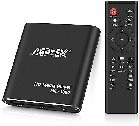 AGPTEK MKV media player 1080P HD Digital Media Player - MKV/RM - HDD SD/USB - HDMI Supporto HDMI CVBS e YPbPr uscita video con telecomando e l'adattatore di alimentazione 5V 2A