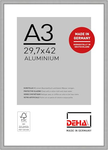 DEHA Design Aluminium Bilderrahmen Boston, 29,7 x 42 cm (A3), Silber | Aluminium Posterrahmen im Hoch- & Querformat zum Aufhängen Silber matt bruchsicheres Kunstglas