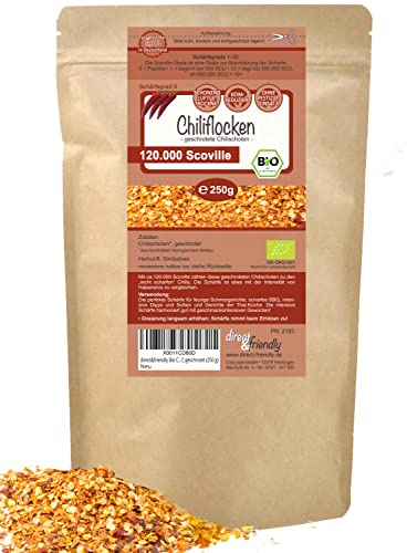 direct&friendly Bio Chili getrocknet extra scharf geschrotet Chiliflocken 120.000 Scoville (250 g)
