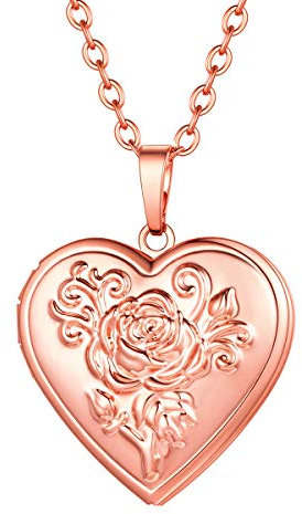FOCALOOK Damen Herz Anhänger Halskette Rosegold vergoldet Rose Blume Medaillon zum Öffnen Foto Bilder Amulette Collier Schmuck für Muttertag Geburtstag Valentinstag