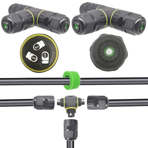 CTRICALVER Kabelanschlussdose für den Außenbereich | T-Form Kabelverbinder | Wasserdicht IP68 Verbindungsbox für Ø9-12 mm 3-poliger Kabelschnellverbinder Schwarz 2 Stück