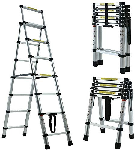 Aluminium Step Ladder with Handrail, 2M - 2.3M Telescopic Ladder Lightweight Folding Steps Extension Ladder A-frame Ladder for Household DIY Work (6 + 7 Steps)