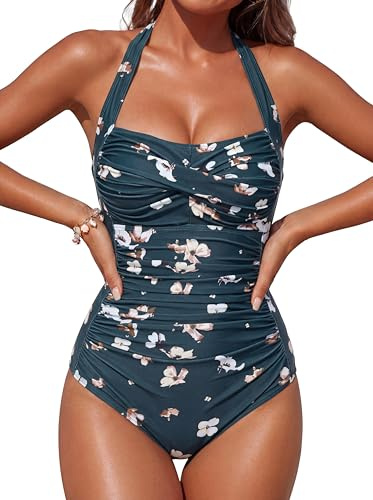 Smismivo Tummy Control Swimwear One Piece Modest Swimming Costume Women Ladies Full Body Vintage Retro Halter Neck Swimsuit Plus Size Push Up Padded Bathing Suit Floral