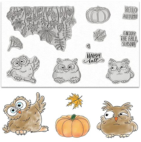 ALIBBON Owl Clear Stamps for Card Making and Photo Album Decorations, Autumn Leaves Pumpkin Clear Stamps, Happy Fall Words Transparent Silicone Rubber Stamps for Card Making and DIY Scrapbooking