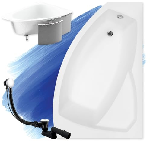 BADLAND Badewanne Original Weiß Acryl Wanne Eckbadewanne RIMA 130x85 Rechts KOMPLETTSET SET mit Premium Styroporverkleidung + Füßen und Exklusive Chrom Automatik Ablaufgarnitur Made in EU 4in1