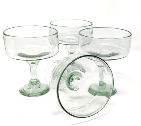 Dos Sueños Mexican Hand Blown Glass – Set of 4 Natural Clear Hand Blown Margarita Glasses (16 oz)
