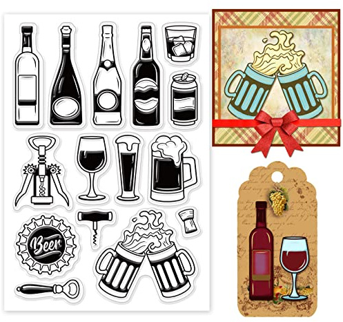 PH PandaHall Drink Pattern Clear Stamp, Wine/Bottle Opener Transparent Rubber Stamp for DIY Scrapbooking, Embossing Card Making Decoration, Paper Photo Card Album Crafting
