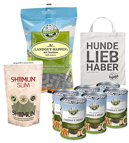 Bellfor Futterset für mittelgroße, ernährungssensible Hunde – Landgut-Menü Nassfutter 6×400 g + Landgut-Happen 200 g + Shiimun Slim 50 g + Jutebeutel