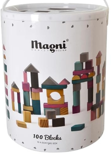Magni Holzbausteine - Hochwertige Kinder Holz Bauklötze 100 Stück für Kinder ab 1, 2 Jahren - Pädagogisches Konstruktionsspielzeug - Förderung der Kreativität, Feinmotorik und Problemlösung