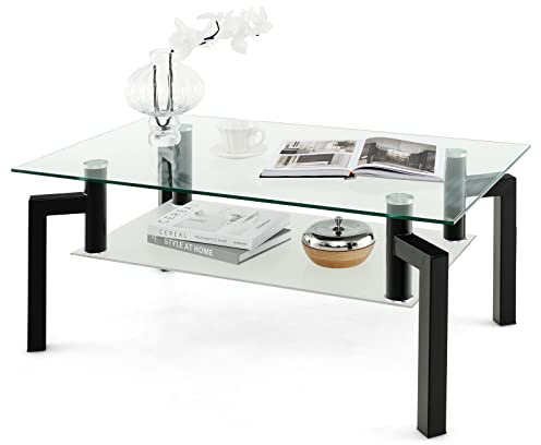 GOPLUS Table Basse en Verre Trempé à 2 Niveaux Etagère Ouverte, Table d’Appoint Style Minimaliste Simple,Charge 90KG+30KG, 100x60x43CM pour Salon Salle de Reception Bureau