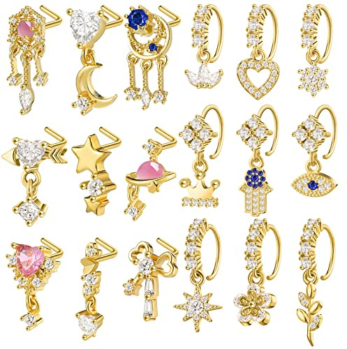 Junkin 18 Pcs Christmas Nose Rings Dangle for Women,Gold