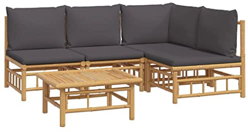 vidaXL Garten Lounge Set 5-TLG., Gartenmöbel Set mit Dunkelgrauen Kissen, Sitzgruppe für Garten Terrasse, Modular Sofa Garnitur Loungemöbel, Bambus