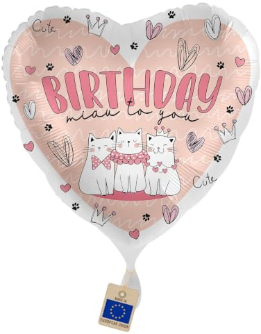 Folienballon Katze Happy Birthday – Miau to you Herzballon | Süßer Katzenballon für Kinder, Erwachsene & Katzenliebhaber – Geschenk und Deko zum Geburtstag, Luft/Helium