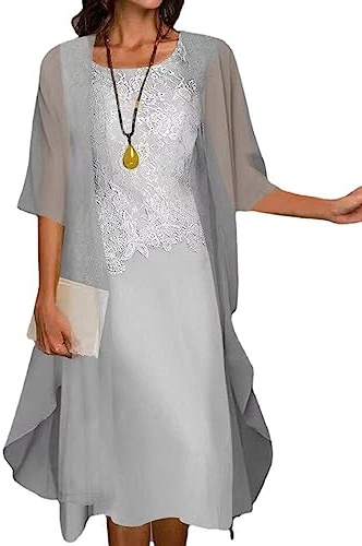Costaric Vestido midi floral fluido para mujer con chaqueta, conjunto de 2 piezas, manga 3/4, vestido de gasa para invitada de boda, A7 gris, XL
