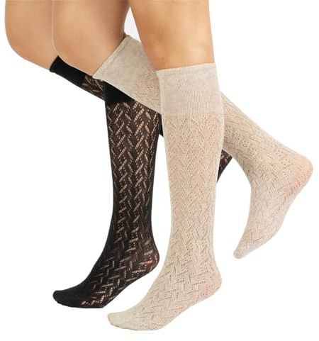 CALZITALY PACK 1/2 Pares Medias hasta la rodilla invernales, Calcetines hasta la rodilla de algodón, Calcetería Italiana (2 X Chevron Beige+Negro, Talla Unica)
