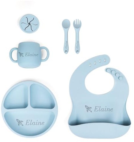 Personalisiertes Geschirr aus Bio-Silikon, 5-farbiges lebensmittelechtes Silikongeschirr, individueller Name, verstellbarer Silikonzaun und ein Snackbecher mit Deckel (lblau)